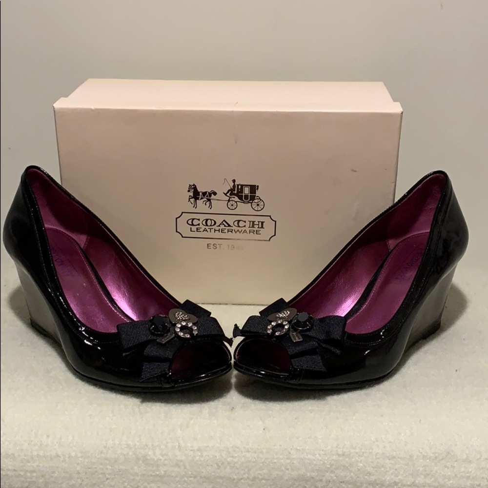COACH Jaden Patent Black Peep Toe Wedge Shoes 8M
